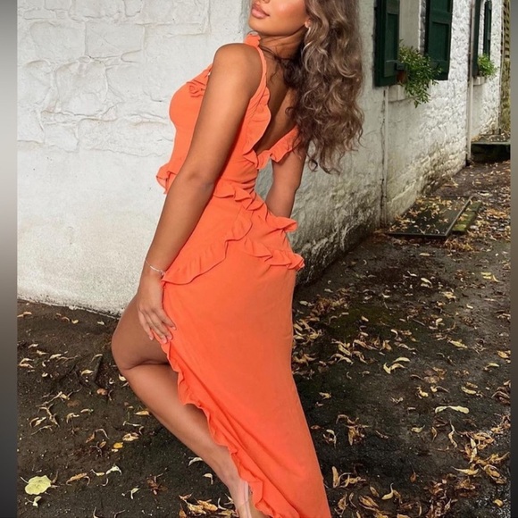 NWT HOUSE OF CB 'Pixie' Georgette Flame Orange Ruffle Maxi Dress - Picture 9 of 10